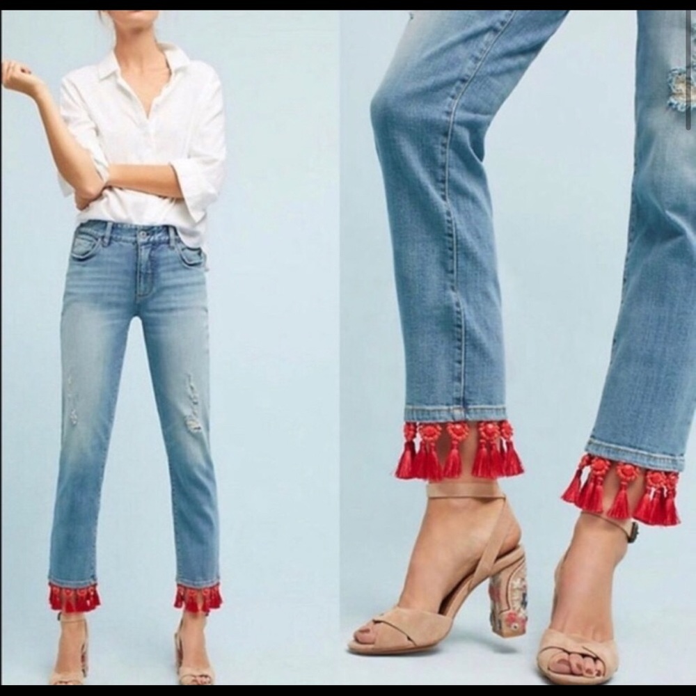 Anthropologie Beaded Tassel Jeans